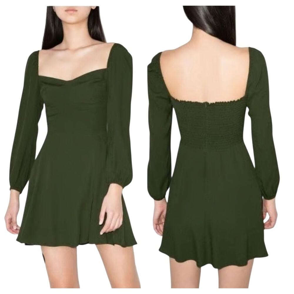 Reformation Mini Dress‎ Womens 10 Mochi Fern Green Long Sleeve Fit & Flare Party